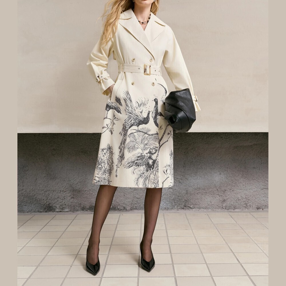 Cream Bird Print Belted Double Breasted Midi Trench Coat